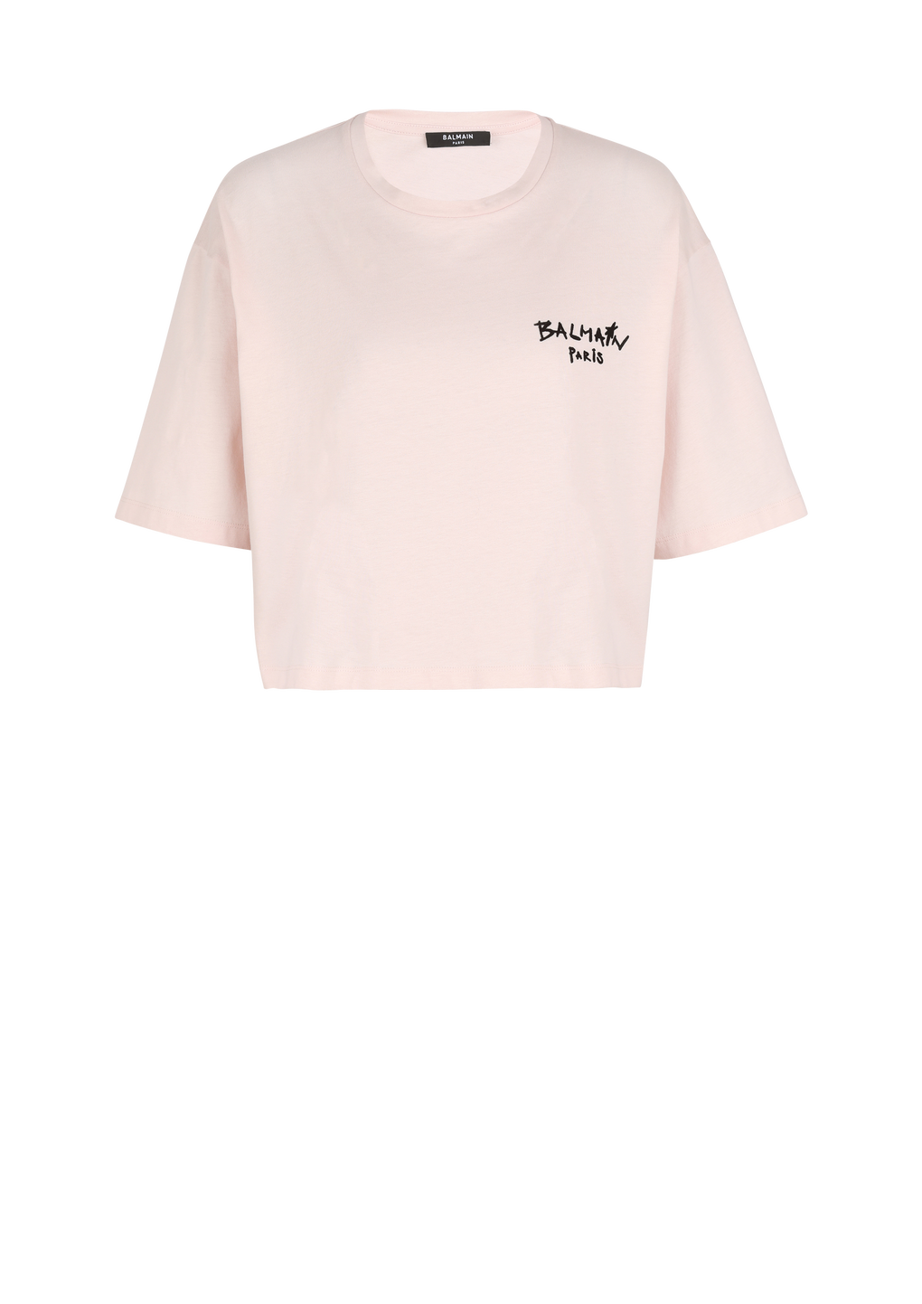 コットン クロップドTシャツ Balmainグラフィティ スモールフロックロゴ付き, ピンク, hi-res