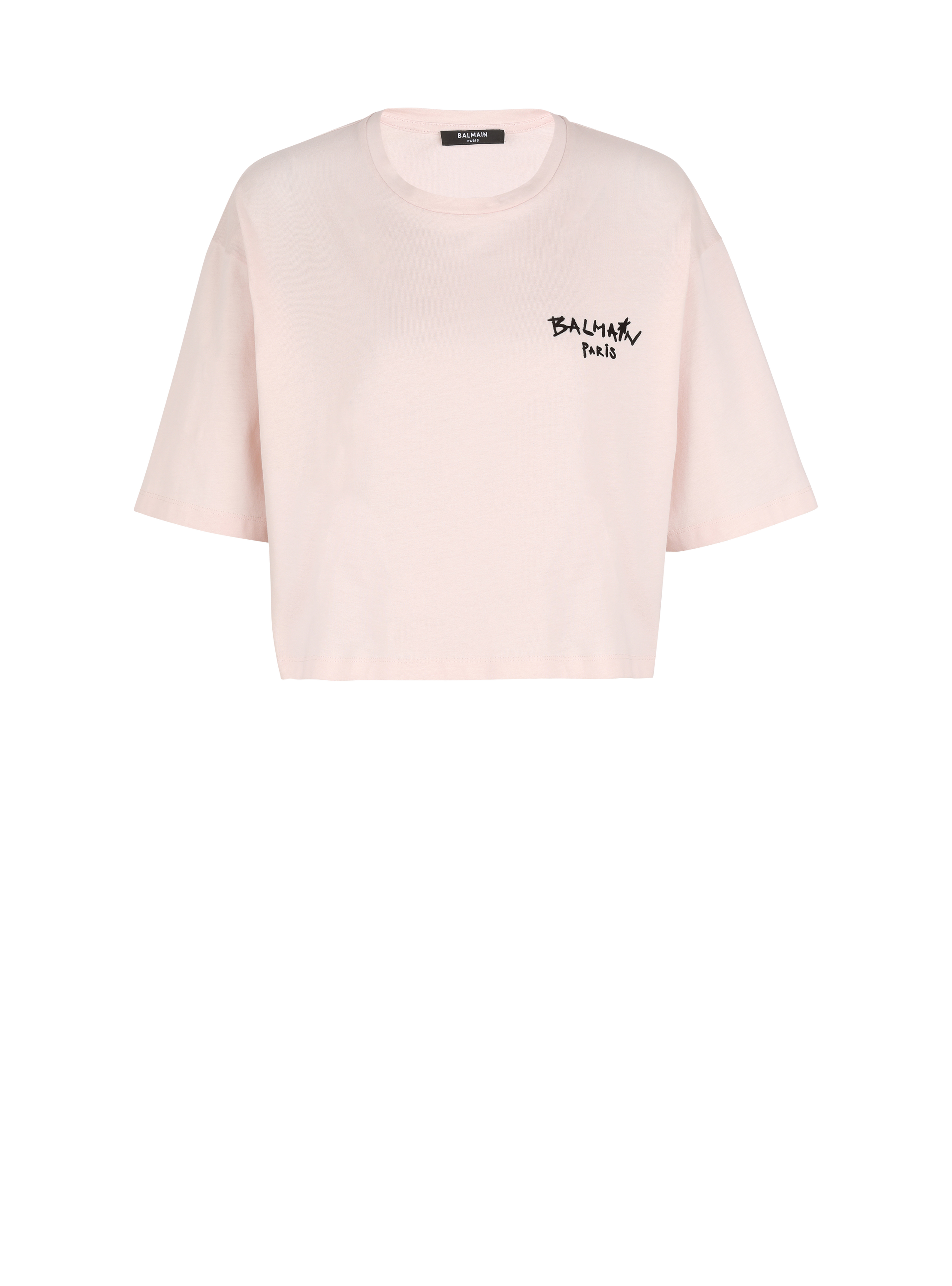 コットン クロップドTシャツ Balmainグラフィティ スモールフロックロゴ付き, ピンク