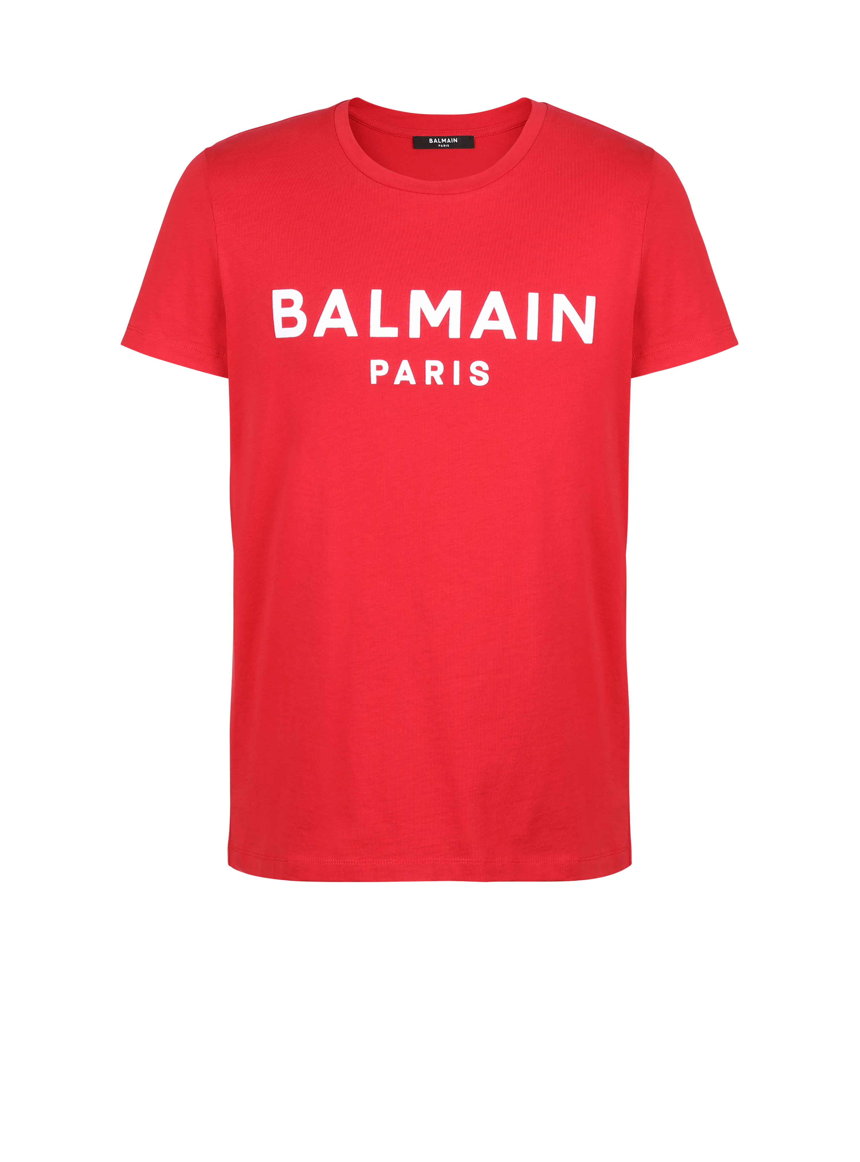 コットン Tシャツ Balmain Parisフロックロゴ付き, 赤